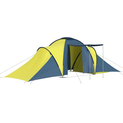 Zijaanzicht van de vidaXL 6-persoons tent in blauw en geel met ruime compartimenten.
