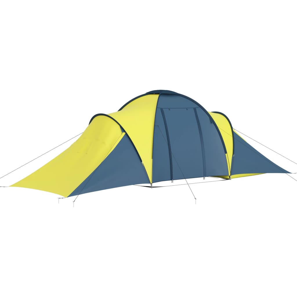 Zijaanzicht van de vidaXL 6-persoons tent in blauw en geel met gebogen dak.