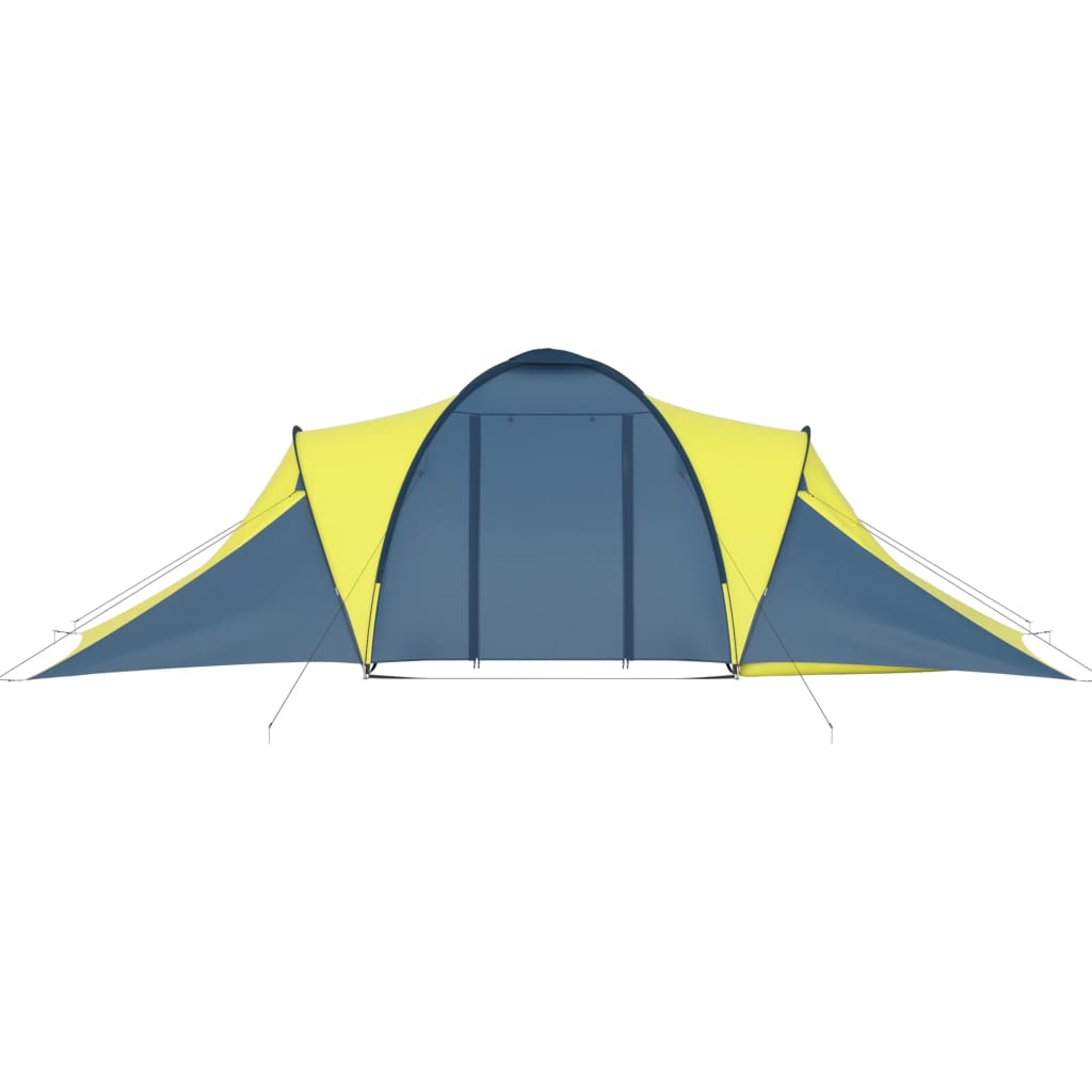 Zijaanzicht van de vidaXL 6-persoons tent in blauw en geel met ingangen en ventilatie.