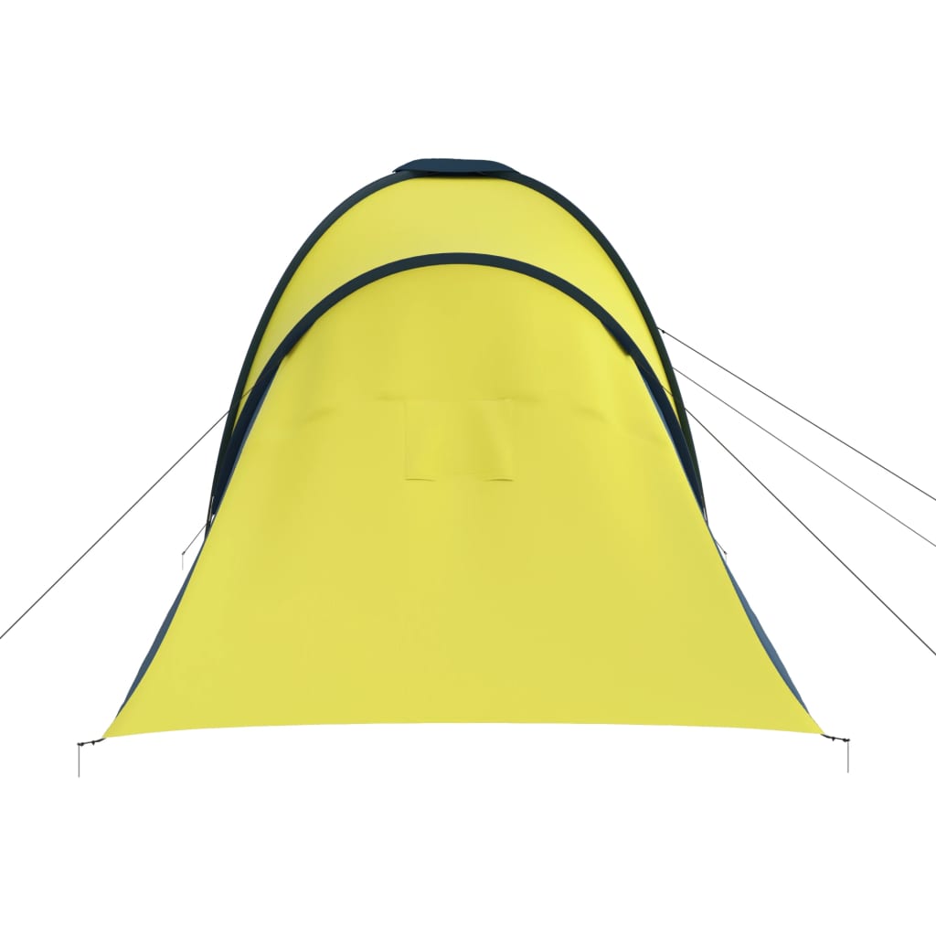 Detail van de gele tent van vidaXL met blauwe accenten, gezien vanuit het zijaanzicht.