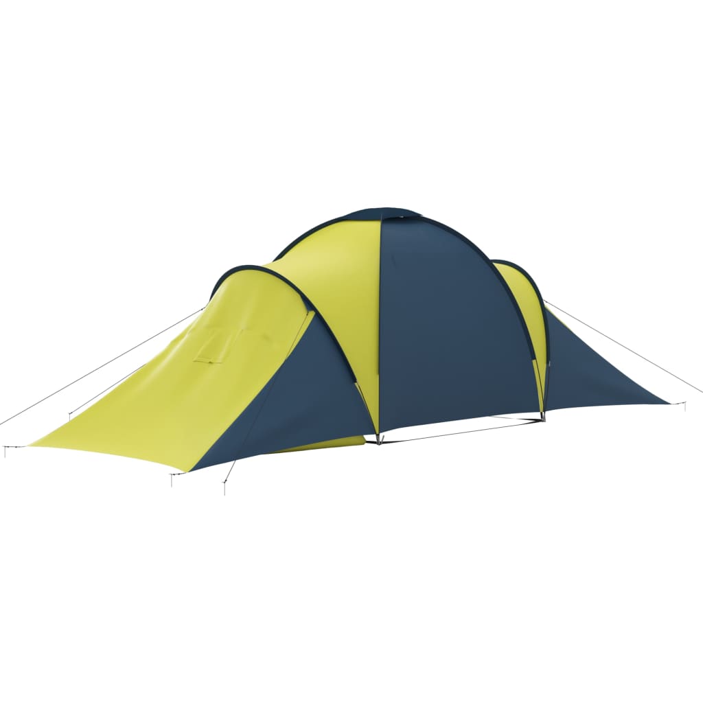 Zijaanzicht van de vidaXL 6-persoons tent in blauw en geel met aerodynamisch ontwerp.