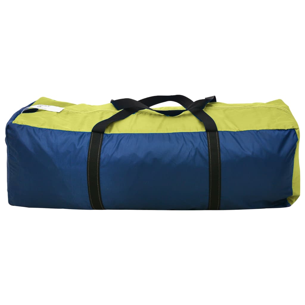 Blauwe en gele vidaXL tent, opgerold in een stevige tas met handvatten.