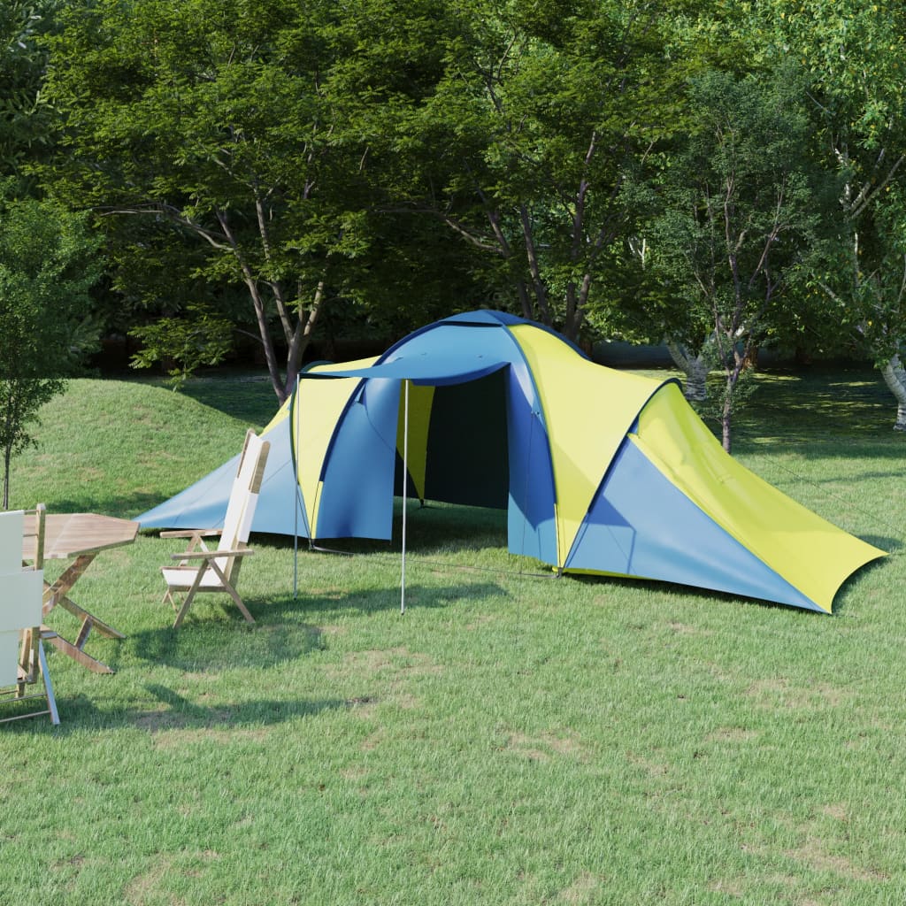 Blauwe en gele vidaXL tent voor 6 personen met twee compartimenten in een groene omgeving.