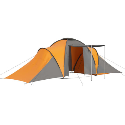 Zijaanzicht van de vidaXL 6-persoons tent in grijs en oranje met een ruime ingang.