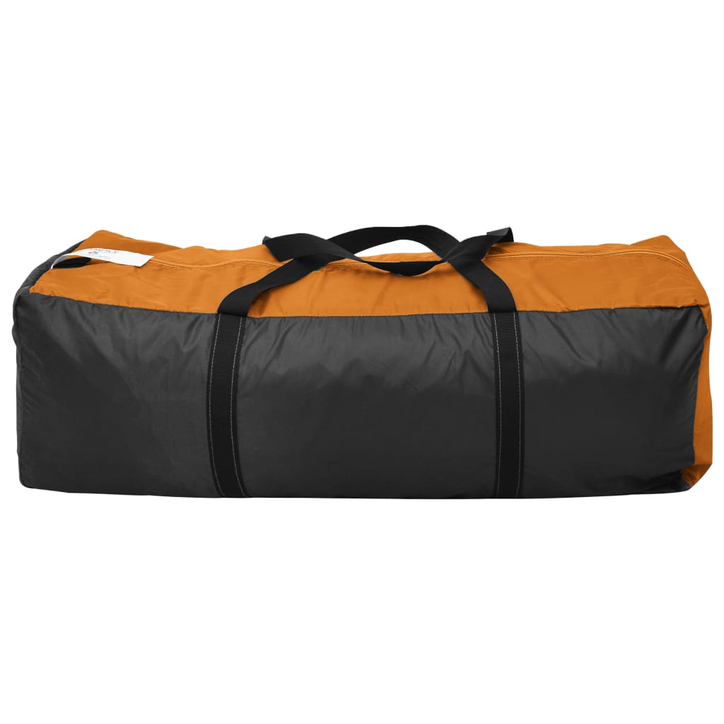 Grijze en oranje vidaXL tent opgevouwen in een draagtas met zwarte handvatten.