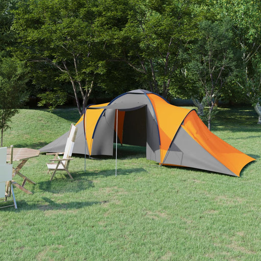 Grijze en oranje vidaXL tent voor 6 personen, opgezet in een groene omgeving.