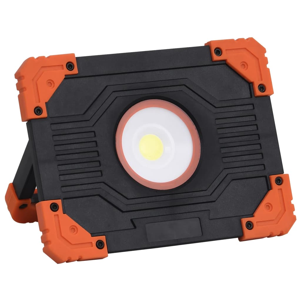 Detail van de vidaXL draagbare LED-spotlight met oranje en zwarte behuizing.