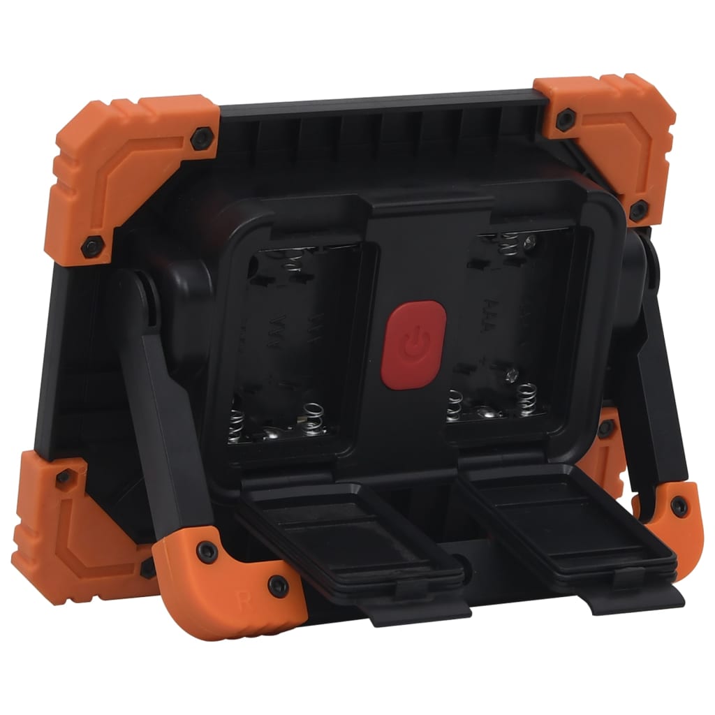 Achteraanzicht van de vidaXL draagbare LED-spotlight met oranje en zwarte accenten.