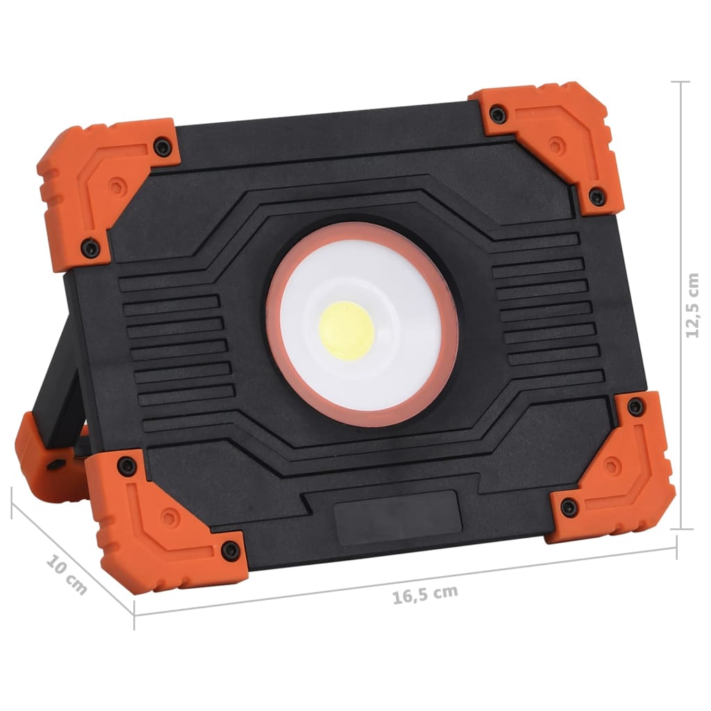 Zijaanzicht van de vidaXL draagbare LED 10 W spotlight met stevige oranje en zwarte behuizing.