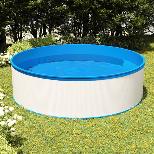 Ronde vidaXL Splasher pool van 350x90 cm met blauwe rand en witte wand, gevuld met water.