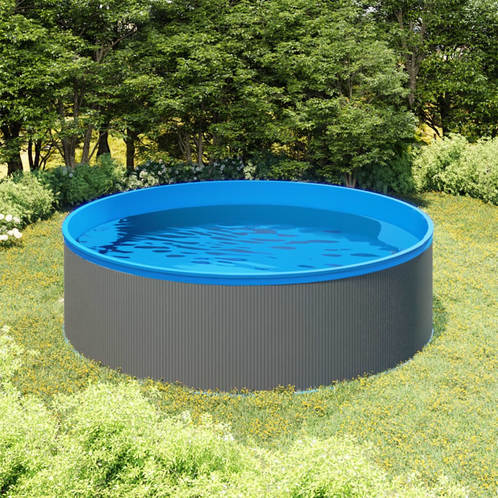 vidaXL Splasher zwembad 350x90 cm met grijze wand en blauwe binnenvoering in groene tuin.