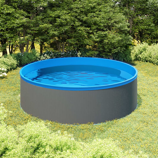 vidaXL Splasher zwembad 350x90 cm met grijze wand en blauwe binnenvoering in groene tuin.