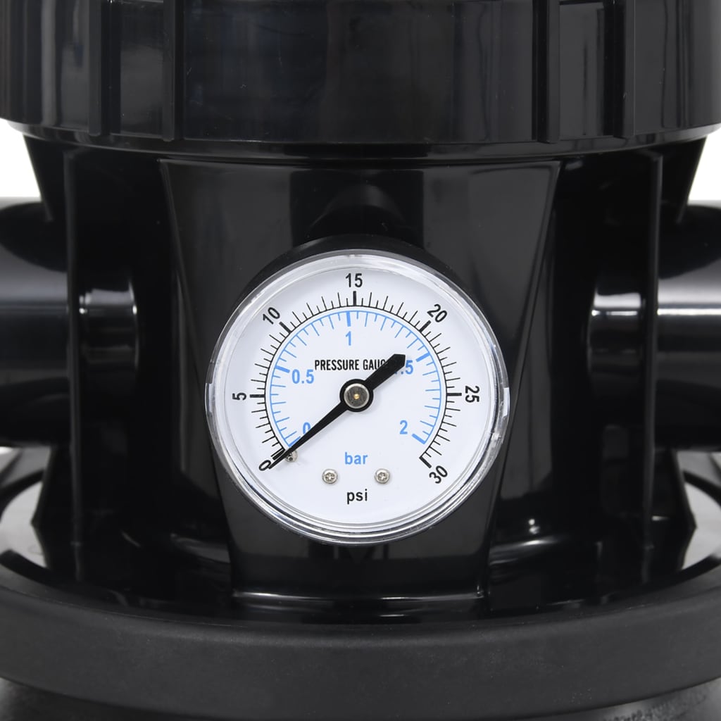 Detail van de drukmeter van de vidaXL zwembadzandfilter in zwart.