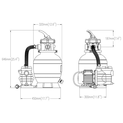 Technische tekening van de vidaXL zwembadzandfilter met afmetingen en aansluitingen.