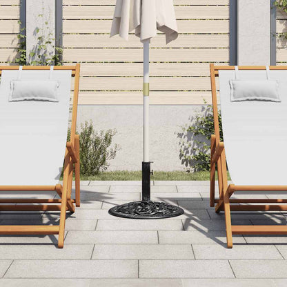 Detail van de vidaXL parasolvoet in zwart, met een parasol in een tuinsetting.