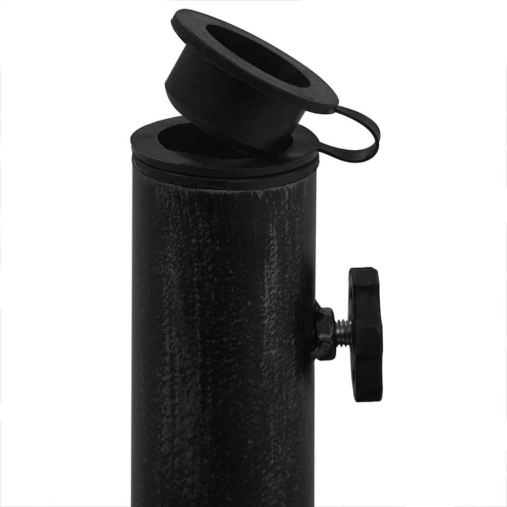 Detail van de zwarte vidaXL parasolvoet met adapter voor verschillende parasolstangen.