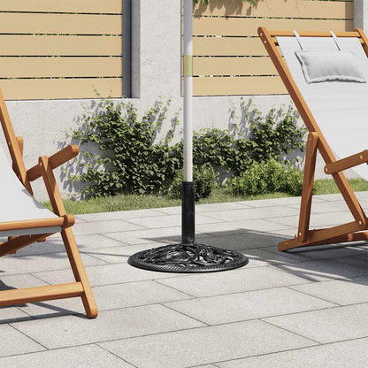 Zwarte vidaXL parasolvoet van gietijzer met decoratief bloemenpatroon, geplaatst op een terras.