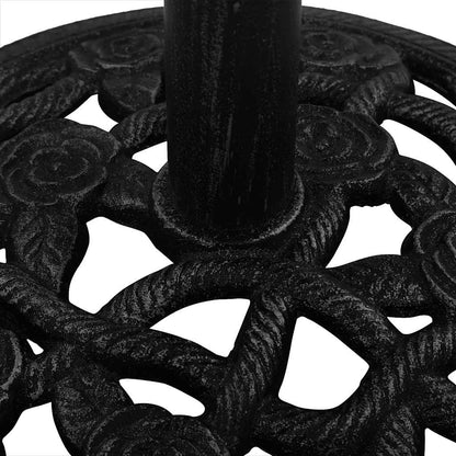 Detail van de zwarte vidaXL parasolvoet met elegant bloemenpatroon en parasolstang.