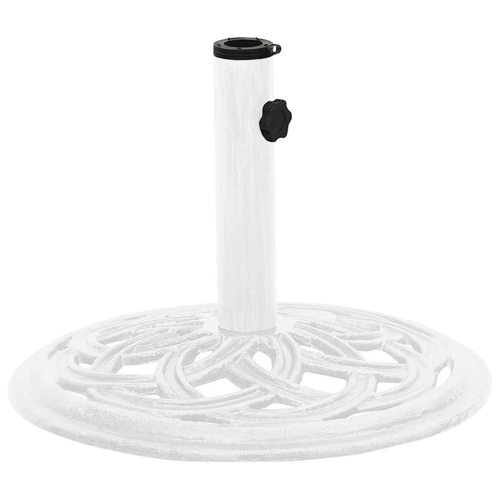 Detail van de witte vidaXL parasolvoet met elegant krulwerk en verstelbare houder.