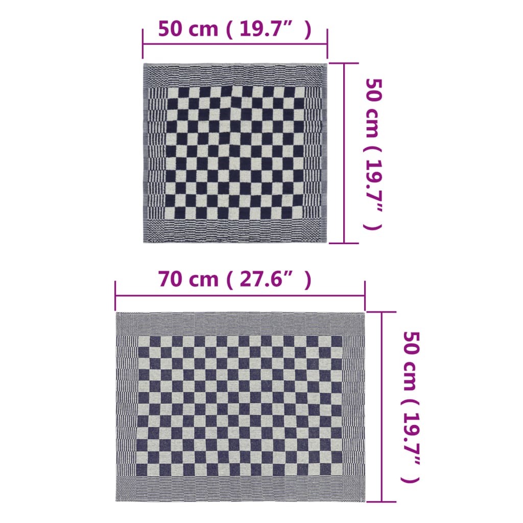 Detail van de vidaXL keukendoeken met een blauw-wit ruitpatroon en afmetingen.