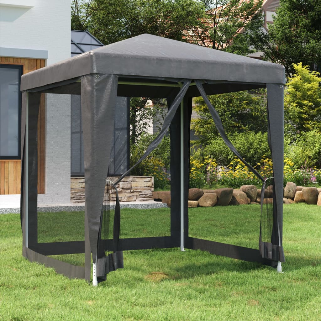 vidaXL partytent 2x2 m in antraciet met 4 mesh zijwanden, geplaatst in een groene tuin.