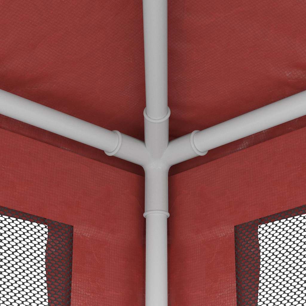 Detail van het stevige ijzeren frame van de vidaXL partytent met rode zijwanden.