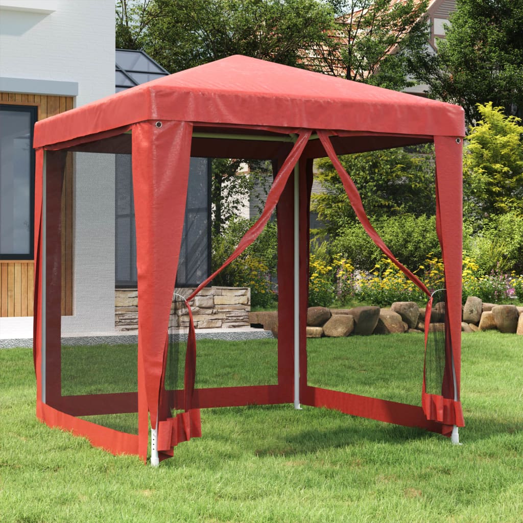 Rode vidaXL partytent 2x2 m met vier mesh zijwanden in een tuin.