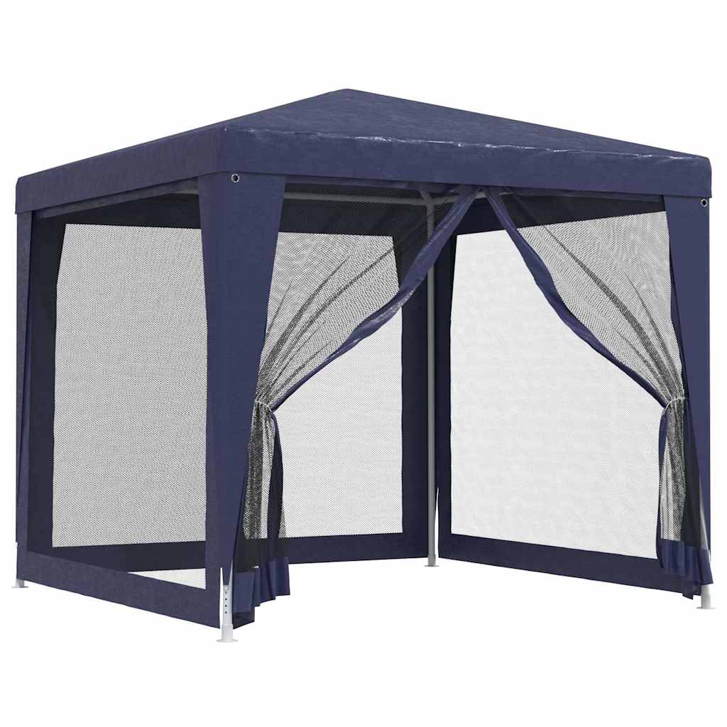 Detail van de vidaXL partytent met blauwe mesh zijwanden en open ritssluiting.