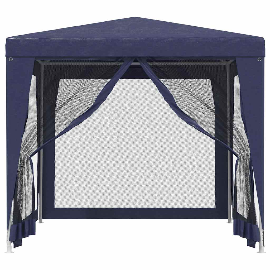 Detail van de vidaXL partytent met blauwe mesh zijwanden en open ritssluiting.