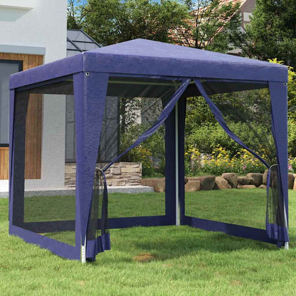 Blauwe vidaXL partytent 2,5x2,5 m met 4 mesh zijwanden in tuin.