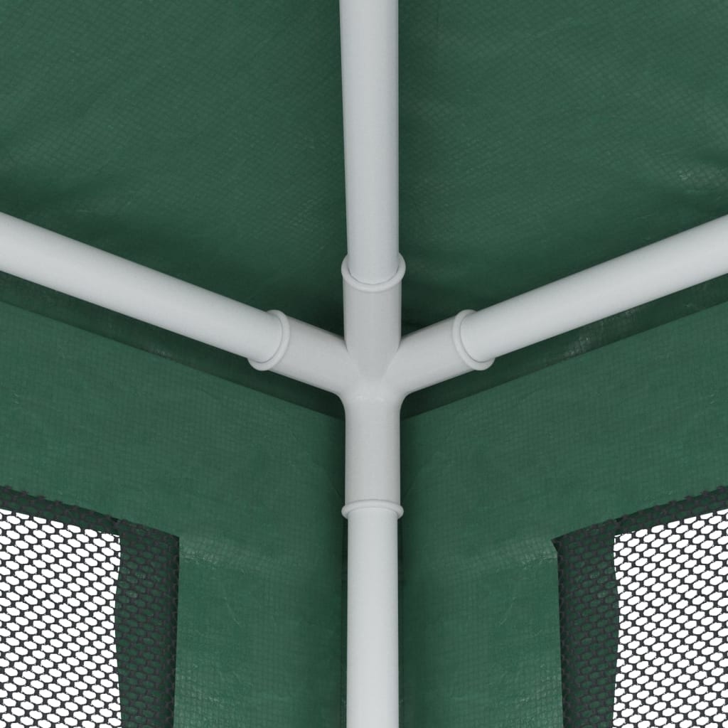 Detail van de stevige verbindingen van de vidaXL partytent met groene mesh zijwanden.