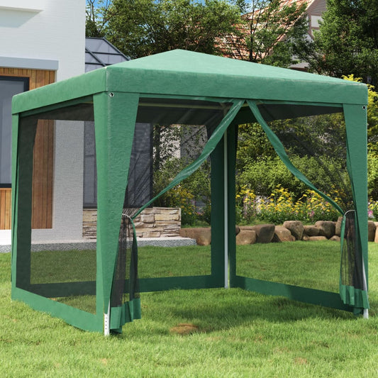 Groene vidaXL partytent 2,5x2,5 m met 4 mesh zijwanden in de tuin.