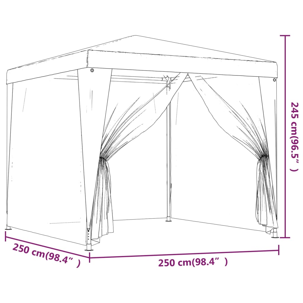 Detailtekening van de vidaXL partytent 2,5x2,5 m met open zijwanden.