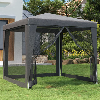 vidaXL partytent 2,5x2,5 m in antraciet met 4 mesh zijwanden, geplaatst in de tuin.