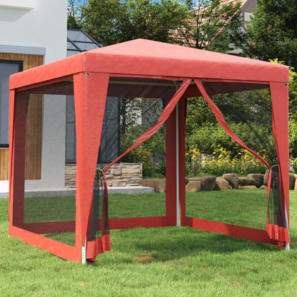 Rode vidaXL partytent 2,5x2,5 m met 4 mesh zijwanden in een tuin.