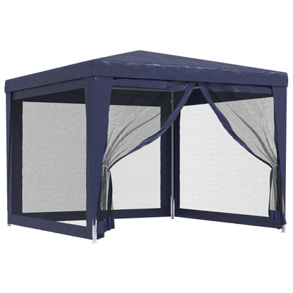 Zijaanzicht van de vidaXL partytent met blauwe mesh zijwanden en waterbestendig dak.