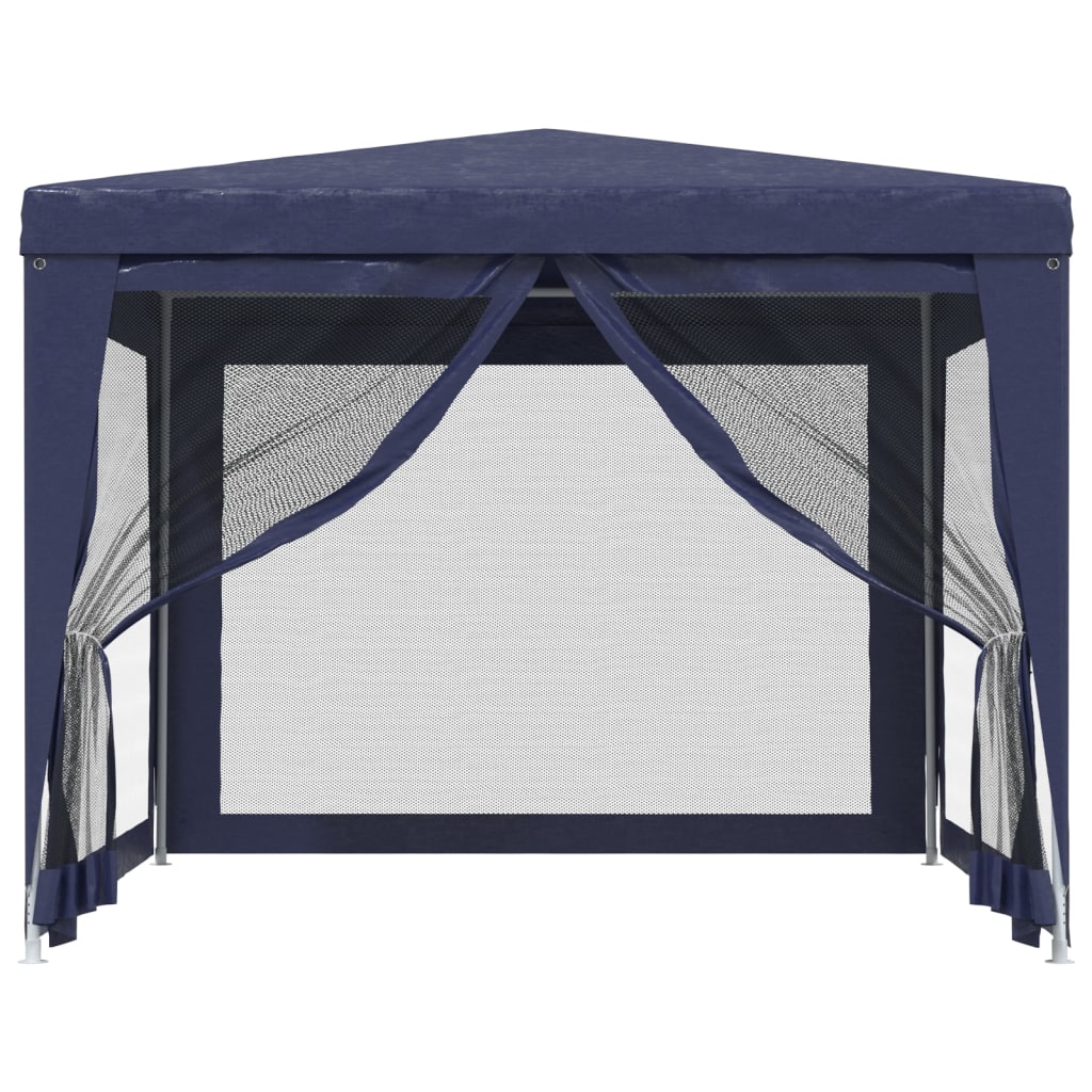 Detail van de vidaXL partytent met blauwe mesh zijwanden en opengeklapte voorkant.