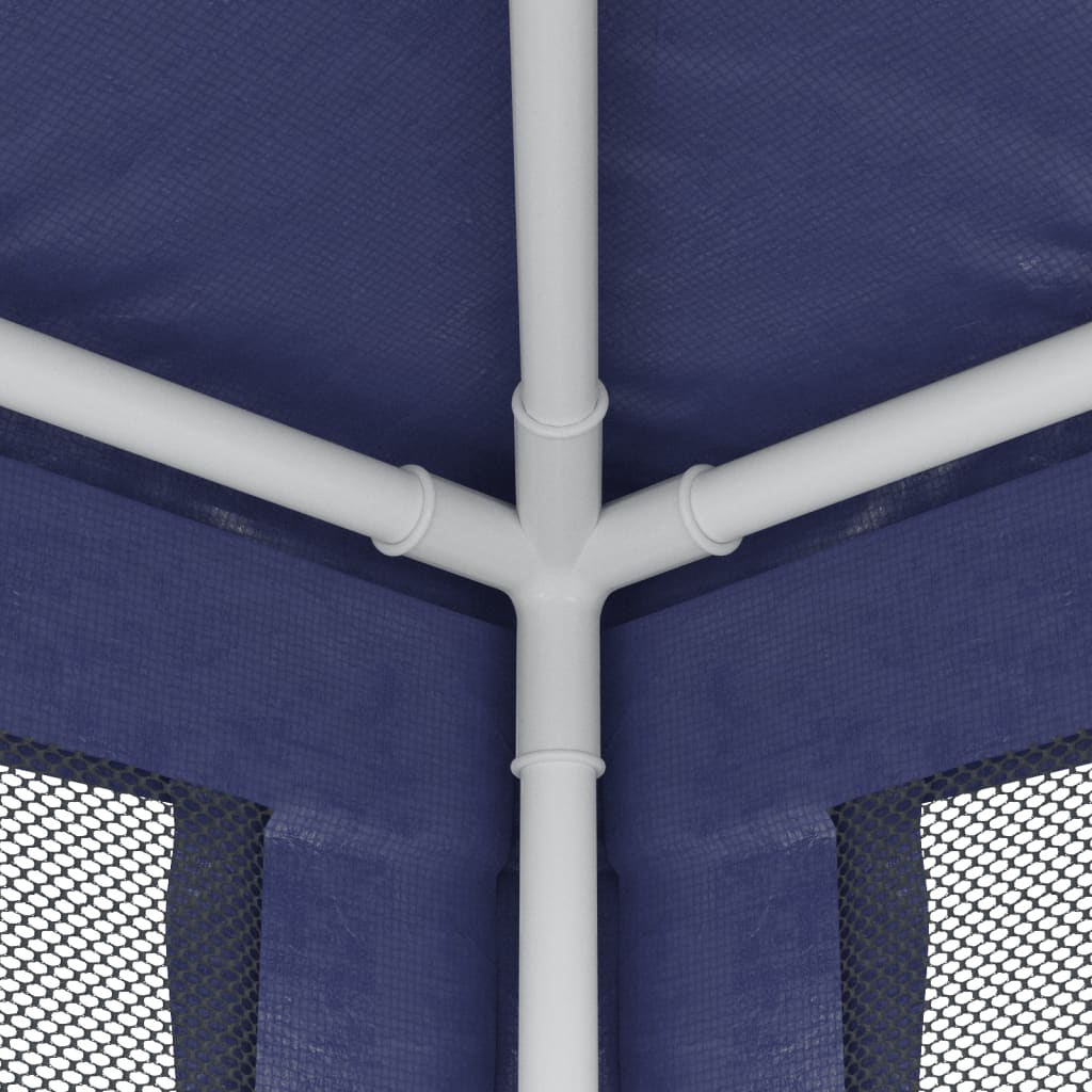 Detail van het stevige ijzeren frame van de vidaXL partytent met blauwe zijwanden.