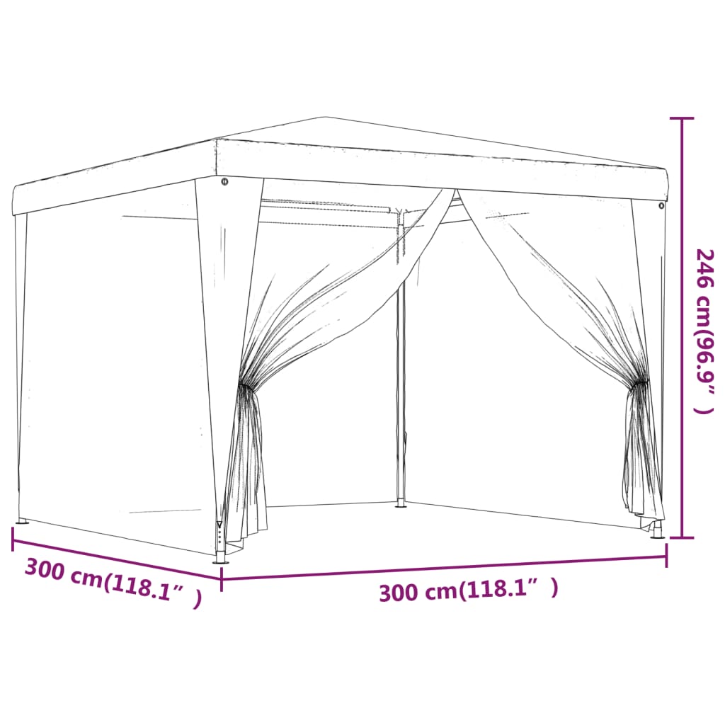 Detailtekening van de vidaXL partytent 3x3 m met afmetingen en mesh zijwanden.