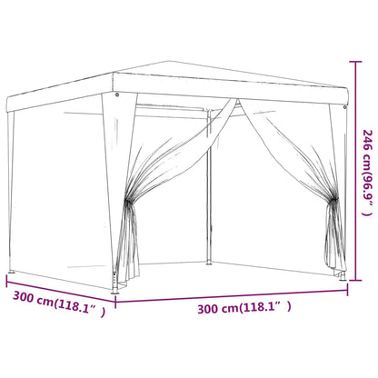 Detailtekening van de vidaXL partytent 3x3 m met afmetingen en mesh zijwanden.