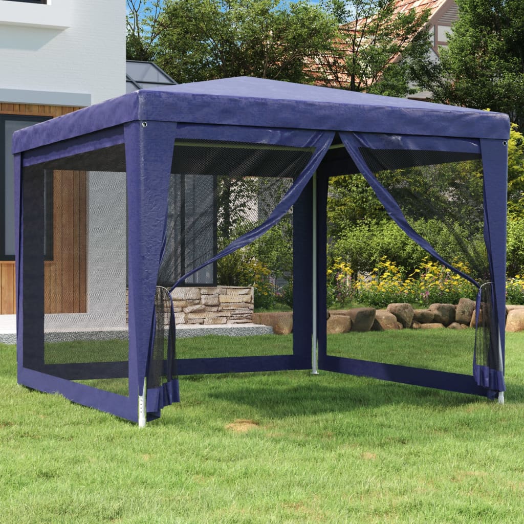 Blauwe vidaXL partytent 3x3 m met mesh zijwanden in een groene tuin.