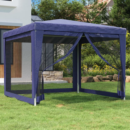 Blauwe vidaXL partytent 3x3 m met mesh zijwanden in een groene tuin.