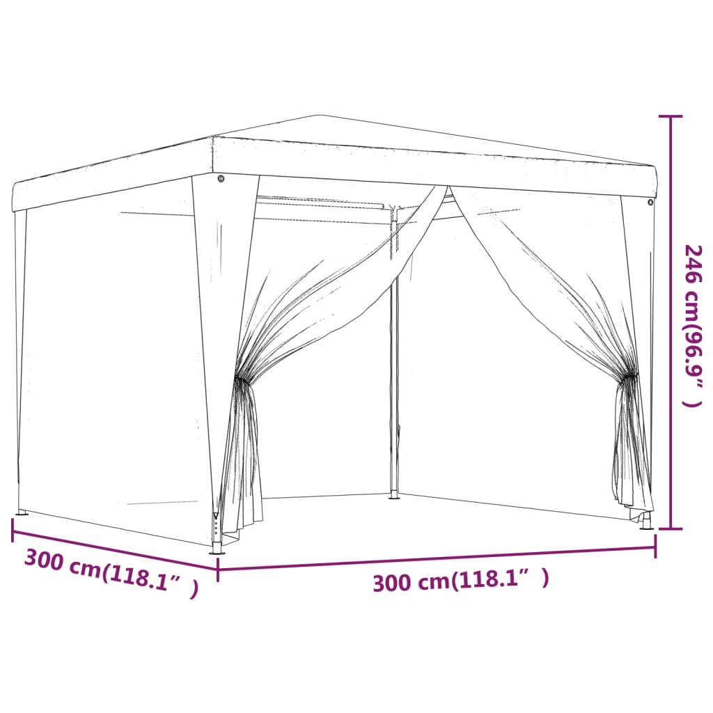 Detailtekening van de vidaXL partytent 3x3 m met open mesh zijwanden en afmetingen.