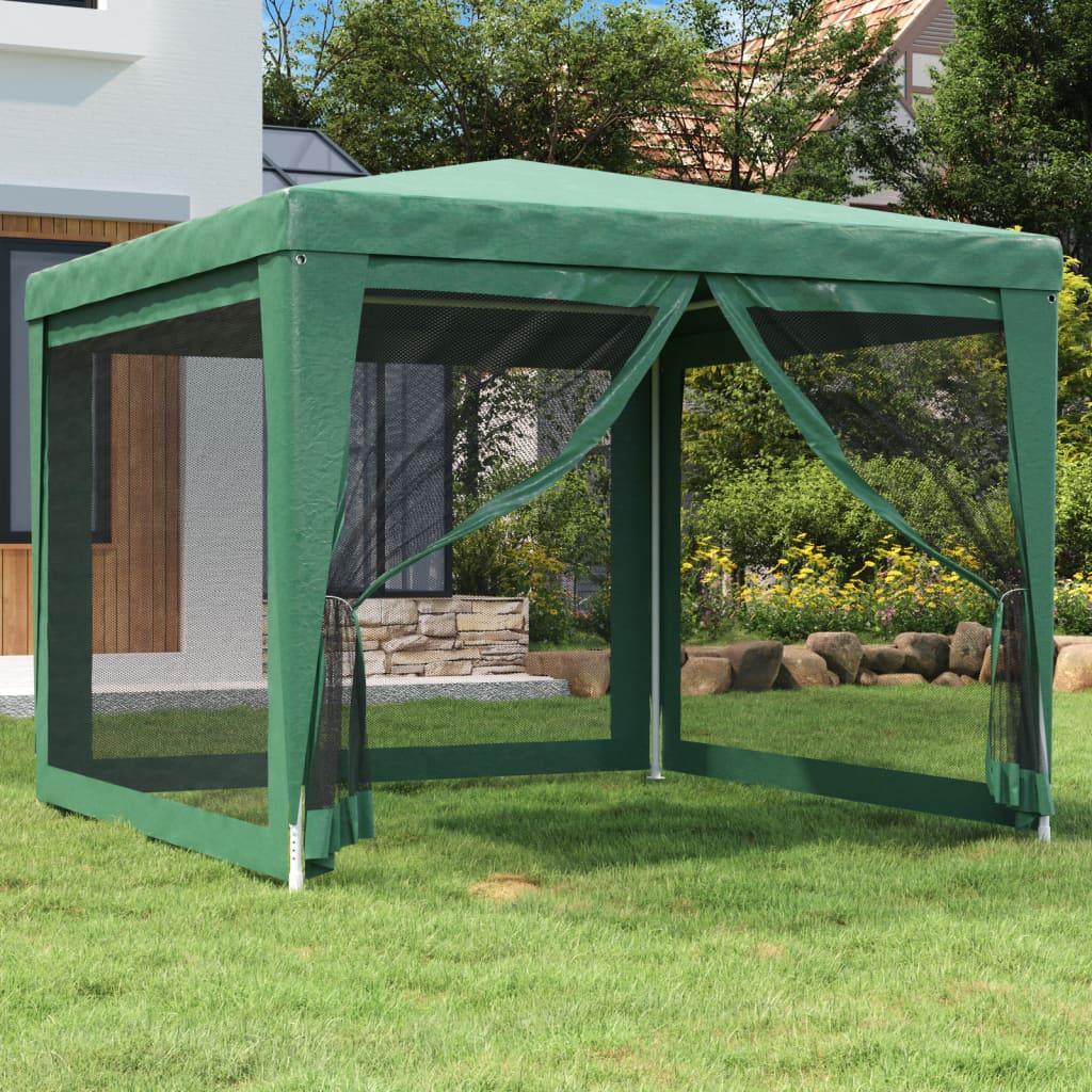 Groene vidaXL partytent van 3x3 m met mesh zijwanden, opgesteld in de tuin.