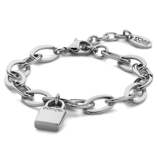 Zilverkleurige CO88 Collection armband met schakelontwerp en hangslot detail.