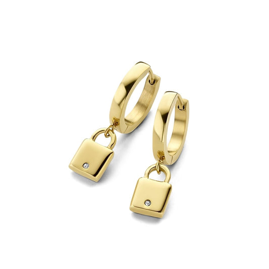 Gouden CO88 Collection oorbellen met elegant hangslot en sprankelende details.