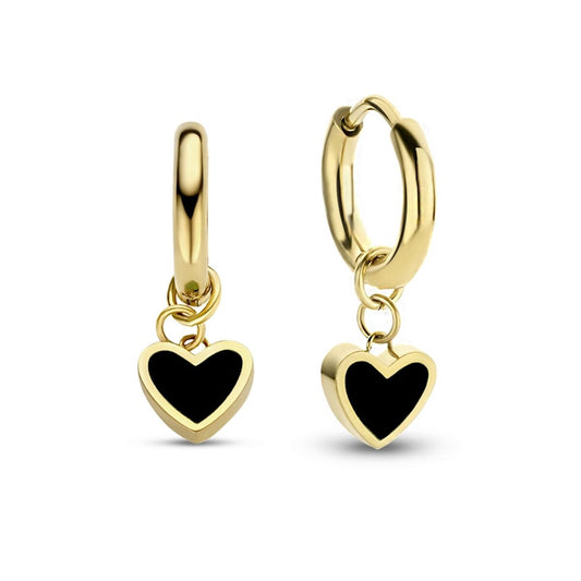 Gouden CO88 Collection oorbellen met zwarte hartjes, elegant en stijlvol ontwerp.