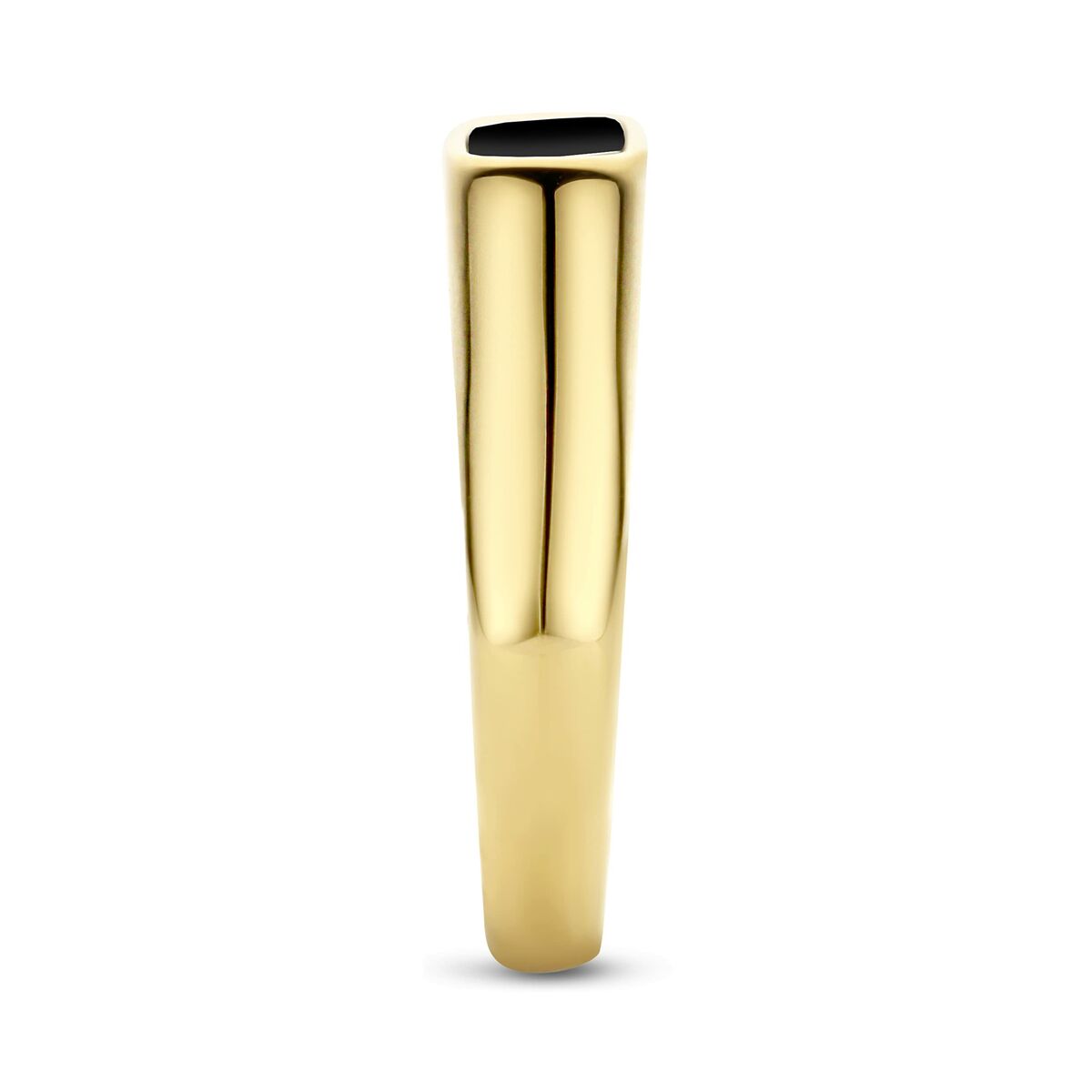 Detail van de CO88 Collection ring met een gouden afwerking en zwarte stenen in zijaanzicht.