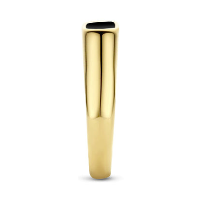 Detail van de CO88 Collection ring met een gouden afwerking en zwarte stenen in zijaanzicht.