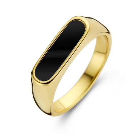 Gouden CO88 Collection ring met elegante zwarte steen, perfect voor elke gelegenheid.
